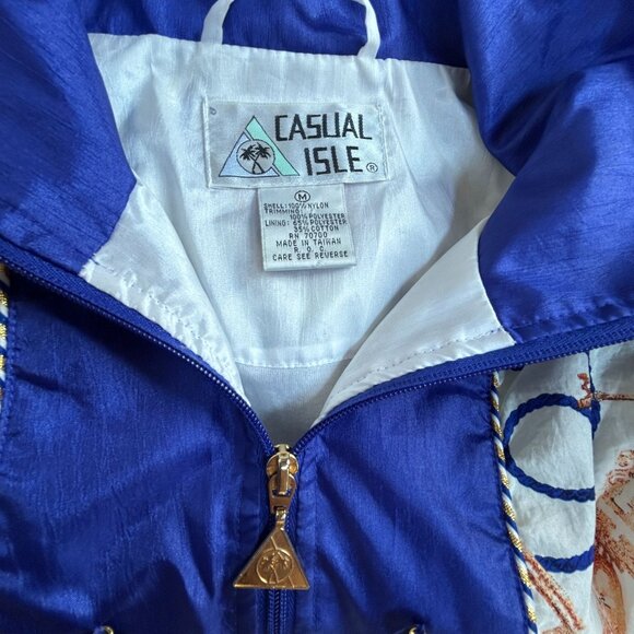 Vintage 90s Casual Isle Bomber Jacket Womens Medium Gold Chain Print Blue White - Picture 3 of 7